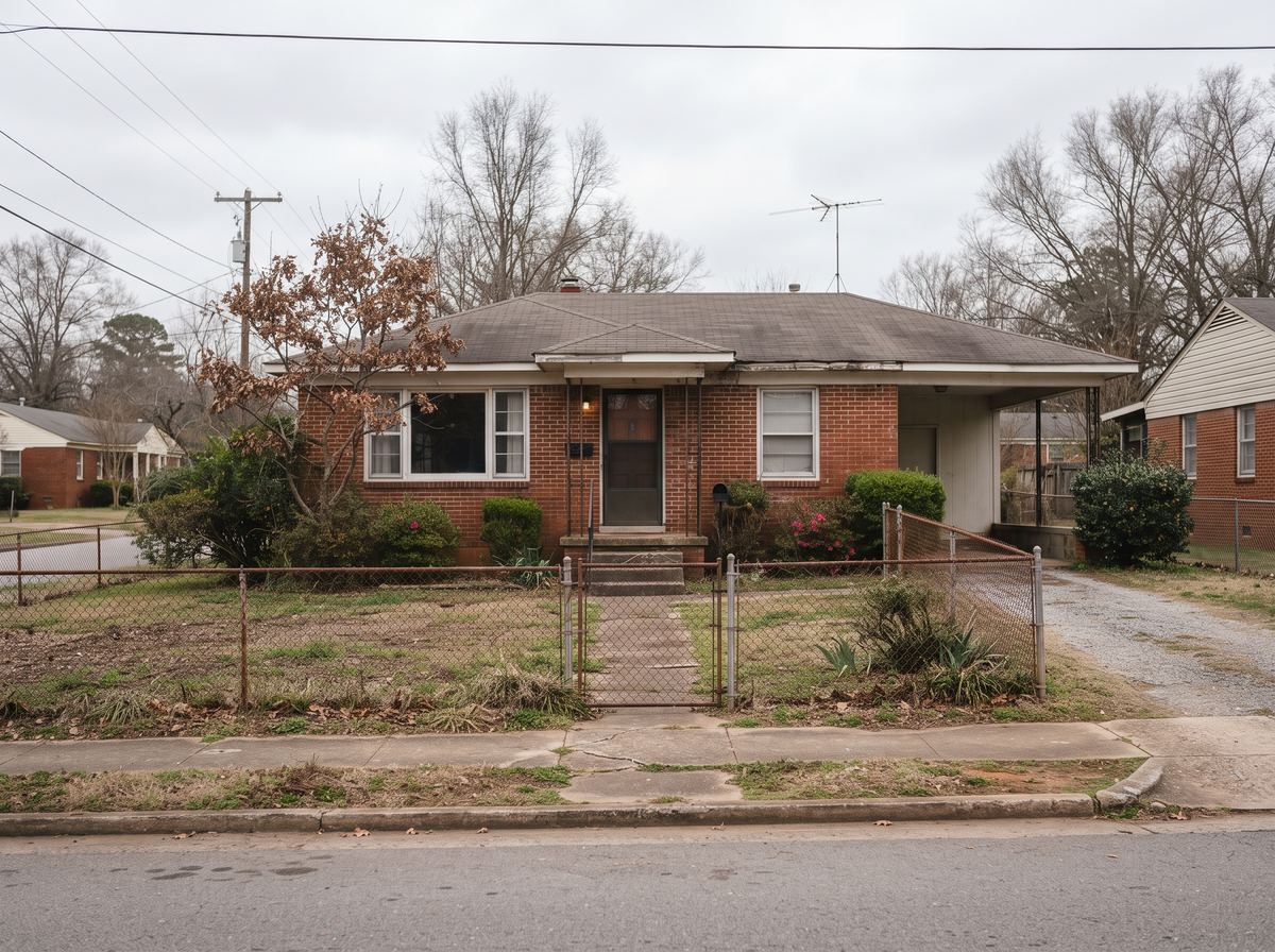 A modest single storey red brick ranch house photographed from the street on an overcast day.