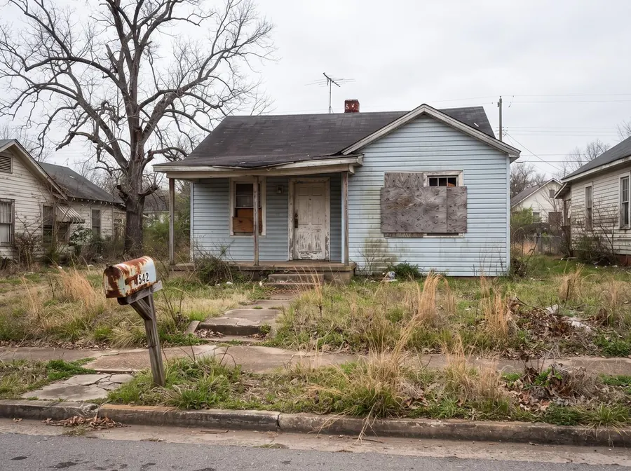 A vacant single storey house with one boarded window, faded siding and knee high grass.