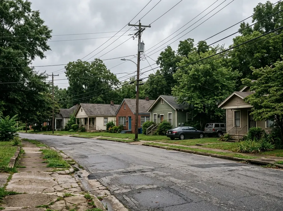 A quiet residential street of modest older single storey houses with mature trees.