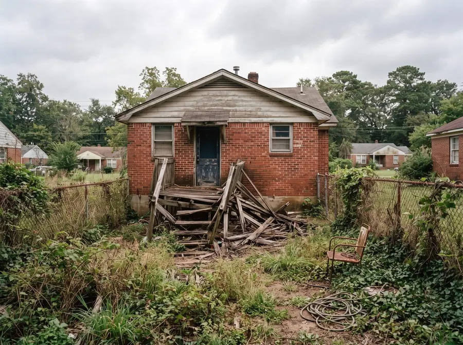 The rear of a small brick house with a collapsed wooden deck and a rusted chain link fence.
