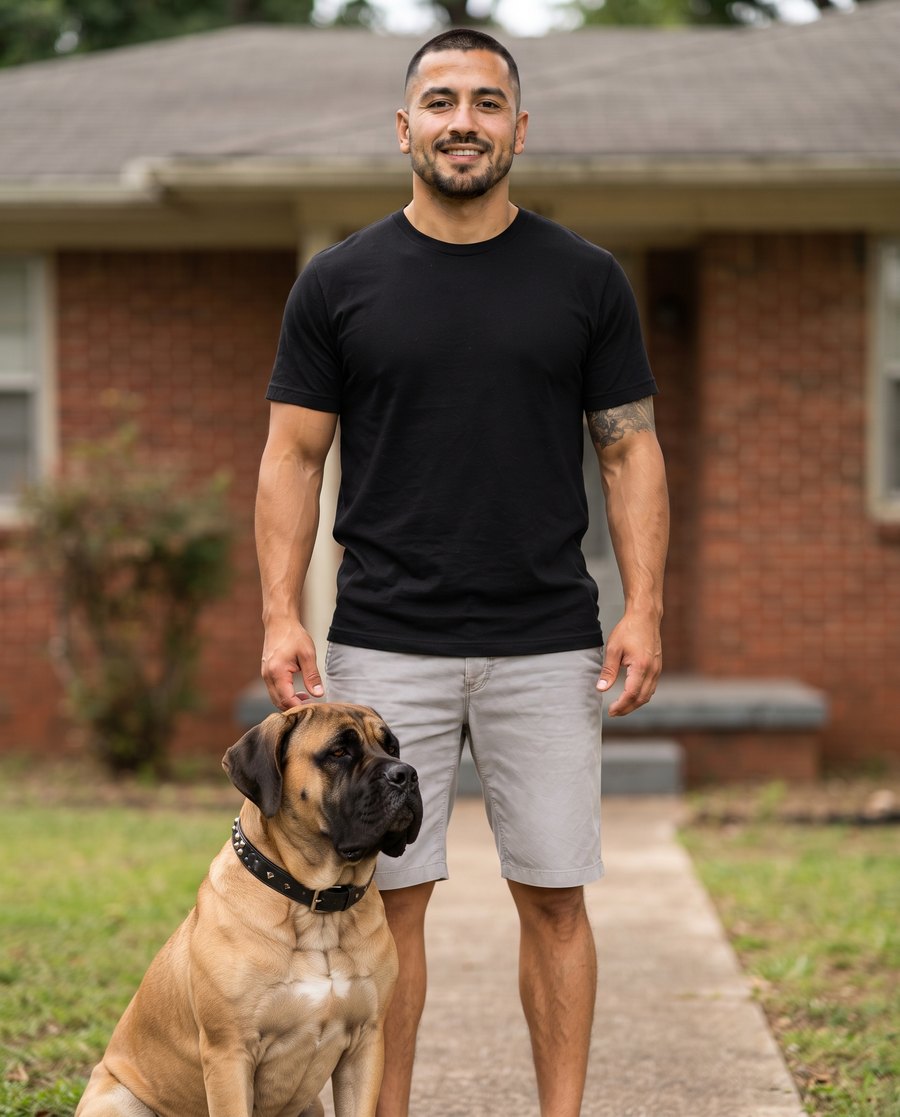 Jock, who buys houses for cash in Birmingham, standing outdoors with his mastiff.