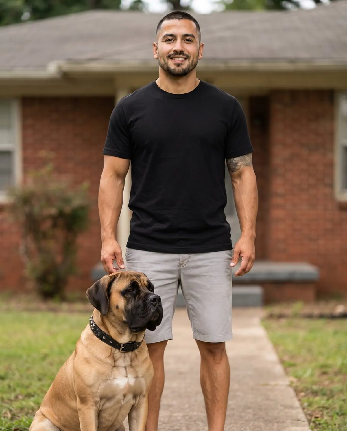 Jock, who buys houses for cash, standing outdoors with his mastiff.