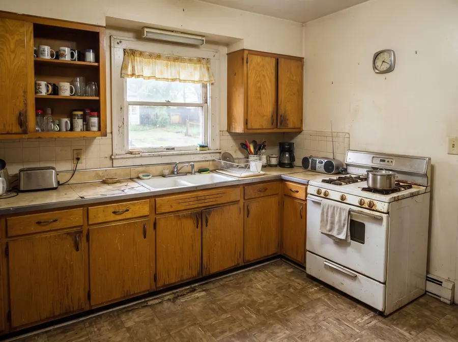 A dated kitchen with worn oak cabinets, a cracked laminate counter and scuffed vinyl floor.