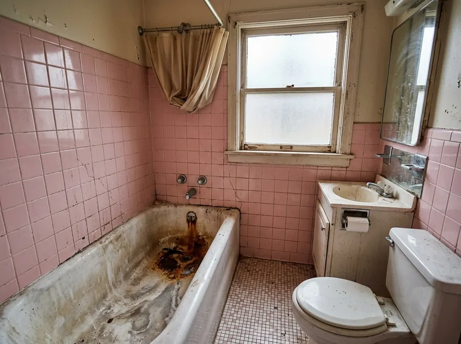 A worn bathroom with cracked pink wall tile, a stained bathtub and rust around the drain.