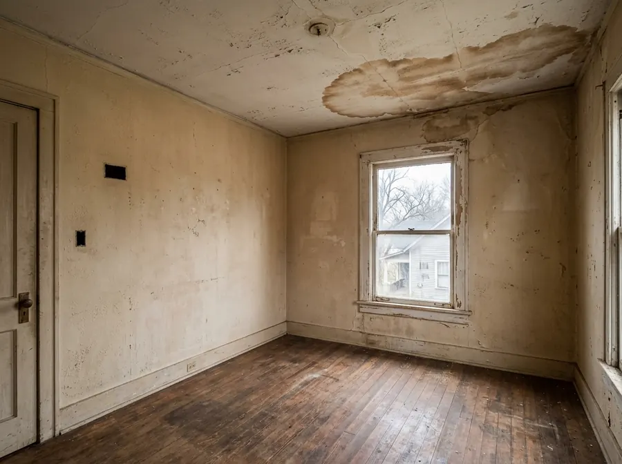 An empty bedroom with a brown water stain spreading across the ceiling and bare floorboards.