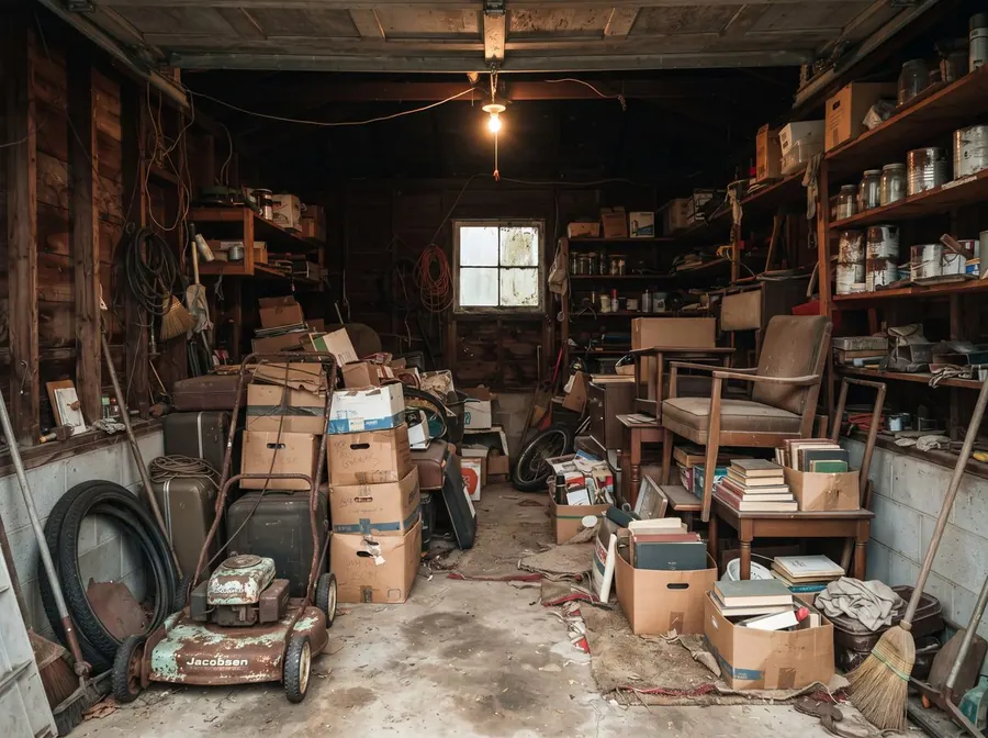 A cluttered garage packed with old boxes, a rusted mower, paint tins and stacked furniture.