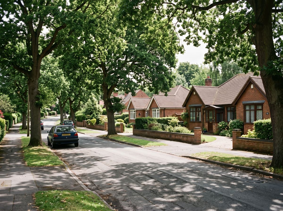 A quiet residential street of modest single storey houses set back behind large mature oak trees.